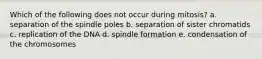 Which of the following does not occur during mitosis? a. separation of the spindle poles b. separation of sister chromatids c. replication of the DNA d. spindle formation e. condensation of the chromosomes