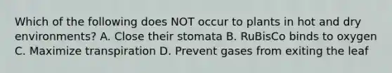 Which of the following does NOT occur to plants in hot and dry environments? A. Close their stomata B. RuBisCo binds to oxygen C. Maximize transpiration D. Prevent gases from exiting the leaf