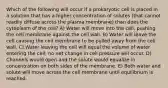 Which of the following will occur if a prokaryotic cell is placed in a solution that has a higher concentration of solutes (that cannot readily diffuse across the plasma membrane) than does the cytoplasm of the cell? A) Water will move into the cell, pushing the cell membrane against the cell wall. B) Water will leave the cell causing the cell membrane to be pulled away from the cell wall. C) Water leaving the cell will equal the volume of water entering the cell; no net change in cell pressure will occur. D) Channels would open and the solute would equalize in concentration on both sides of the membrane. E) Both water and solute will move across the cell membrane until equilibrium is reached.