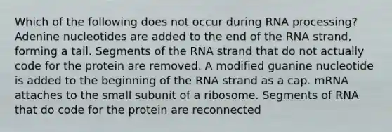 Which of the following does not occur during RNA processing? Adenine nucleotides are added to the end of the RNA strand, forming a tail. Segments of the RNA strand that do not actually code for the protein are removed. A modified guanine nucleotide is added to the beginning of the RNA strand as a cap. mRNA attaches to the small subunit of a ribosome. Segments of RNA that do code for the protein are reconnected