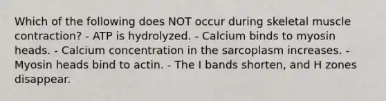 Which of the following does NOT occur during skeletal muscle contraction? - ATP is hydrolyzed. - Calcium binds to myosin heads. - Calcium concentration in the sarcoplasm increases. - Myosin heads bind to actin. - The I bands shorten, and H zones disappear.