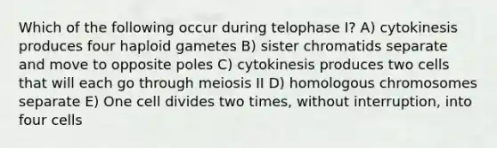 Which of the following occur during telophase I? A) cytokinesis produces four haploid gametes B) sister chromatids separate and move to opposite poles C) cytokinesis produces two cells that will each go through meiosis II D) homologous chromosomes separate E) One cell divides two times, without interruption, into four cells