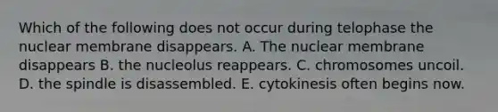 Which of the following does not occur during telophase the nuclear membrane disappears. A. The nuclear membrane disappears B. the nucleolus reappears. C. chromosomes uncoil. D. the spindle is disassembled. E. cytokinesis often begins now.