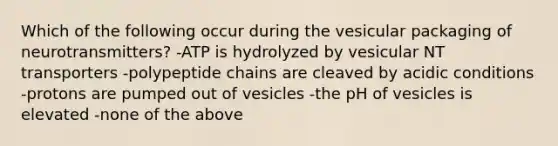 Which of the following occur during the vesicular packaging of neurotransmitters? -ATP is hydrolyzed by vesicular NT transporters -polypeptide chains are cleaved by acidic conditions -protons are pumped out of vesicles -the pH of vesicles is elevated -none of the above