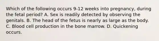 Which of the following occurs 9-12 weeks into pregnancy, during the fetal period? A. Sex is readily detected by observing the genitals. B. The head of the fetus is nearly as large as the body. C. Blood cell production in the bone marrow. D. Quickening occurs.