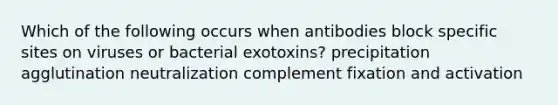 Which of the following occurs when antibodies block specific sites on viruses or bacterial exotoxins? precipitation agglutination neutralization complement fixation and activation