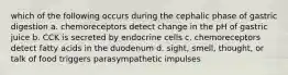 which of the following occurs during the cephalic phase of gastric digestion a. chemoreceptors detect change in the pH of gastric juice b. CCK is secreted by endocrine cells c. chemoreceptors detect fatty acids in the duodenum d. sight, smell, thought, or talk of food triggers parasympathetic impulses