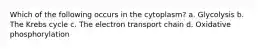 Which of the following occurs in the cytoplasm? a. Glycolysis b. The Krebs cycle c. The electron transport chain d. Oxidative phosphorylation