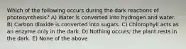 Which of the following occurs during the dark reactions of photosynthesis? A) Water is converted into hydrogen and water. B) Carbon dioxide is converted into sugars. C) Chlorophyll acts as an enzyme only in the dark. D) Nothing occurs; the plant rests in the dark. E) None of the above