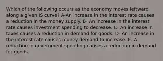 Which of the following occurs as the economy moves leftward along a given IS curve? A-An increase in the interest rate causes a reduction in the money supply. B- An increase in the interest rate causes investment spending to decrease. C- An increase in taxes causes a reduction in demand for goods. D- An increase in the interest rate causes money demand to increase. E- A reduction in government spending causes a reduction in demand for goods.