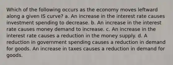 Which of the following occurs as the economy moves leftward along a given IS curve? a. An increase in the interest rate causes investment spending to decrease. b. An increase in the interest rate causes money demand to increase. c. An increase in the interest rate causes a reduction in the money supply. d. A reduction in government spending causes a reduction in demand for goods. An increase in taxes causes a reduction in demand for goods.