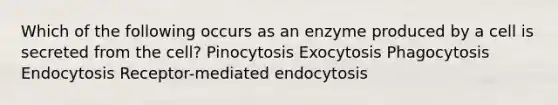 Which of the following occurs as an enzyme produced by a cell is secreted from the cell? Pinocytosis Exocytosis Phagocytosis Endocytosis Receptor-mediated endocytosis