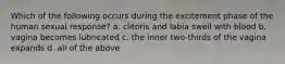 Which of the following occurs during the excitement phase of the human sexual response? a. clitoris and labia swell with blood b. vagina becomes lubricated c. the inner two-thirds of the vagina expands d. all of the above