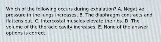 Which of the following occurs during exhalation? A. Negative pressure in the lungs increases. B. The diaphragm contracts and flattens out. C. Intercostal muscles elevate the ribs. D. The volume of the thoracic cavity increases. E. None of the answer options is correct.