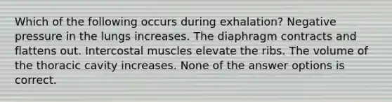 Which of the following occurs during exhalation? Negative pressure in the lungs increases. The diaphragm contracts and flattens out. Intercostal muscles elevate the ribs. The volume of the thoracic cavity increases. None of the answer options is correct.