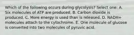 Which of the following occurs during glycolysis? Select one: A. Six molecules of ATP are produced. B. Carbon dioxide is produced. C. More energy is used than is released. D. NADH+ molecules attach to the cytochrome. E. One molecule of glucose is converted into two molecules of pyruvic acid.