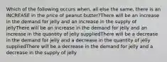 Which of the following occurs when, all else the same, there is an INCREASE in the price of peanut butter?There will be an increase in the demand for jelly and an increase in the supply of jellyThere will be an increase in the demand for jelly and an increase in the quantity of jelly suppliedThere will be a decrease in the demand for jelly and a decrease in the quantity of jelly suppliedThere will be a decrease in the demand for jelly and a decrease in the supply of jelly