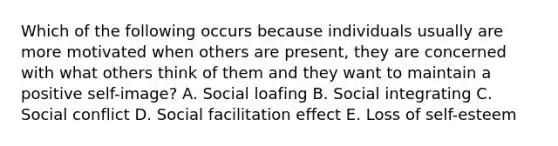 Which of the following occurs because individuals usually are more motivated when others are present, they are concerned with what others think of them and they want to maintain a positive self-image? A. Social loafing B. Social integrating C. Social conflict D. Social facilitation effect E. Loss of self-esteem