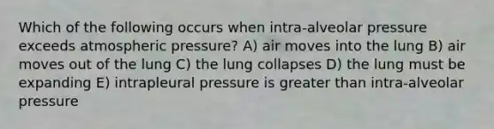 Which of the following occurs when intra-alveolar pressure exceeds atmospheric pressure? A) air moves into the lung B) air moves out of the lung C) the lung collapses D) the lung must be expanding E) intrapleural pressure is greater than intra-alveolar pressure