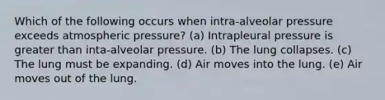 Which of the following occurs when intra-alveolar pressure exceeds atmospheric pressure? (a) Intrapleural pressure is <a href='https://www.questionai.com/knowledge/ktgHnBD4o3-greater-than' class='anchor-knowledge'>greater than</a> inta-alveolar pressure. (b) The lung collapses. (c) The lung must be expanding. (d) Air moves into the lung. (e) Air moves out of the lung.