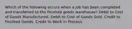 Which of the following occurs when a job has been completed and transferred to the finished goods warehouse? Debit to Cost of Goods Manufactured. Debit to Cost of Goods Sold. Credit to Finished Goods. Credit to Work in Process.