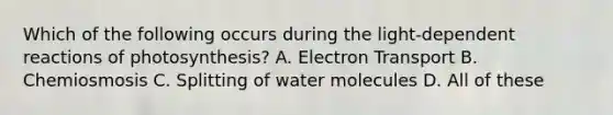 Which of the following occurs during the light-dependent reactions of photosynthesis? A. Electron Transport B. Chemiosmosis C. Splitting of water molecules D. All of these