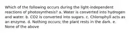 Which of the following occurs during the light-independent reactions of photosynthesis? a. Water is converted into hydrogen and water. b. CO2 is converted into sugars. c. Chlorophyll acts as an enzyme. d. Nothing occurs; the plant rests in the dark. e. None of the above