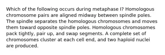 Which of the following occurs during metaphase I? Homologous chromosome pairs are aligned midway between spindle poles. The spindle separates the homologous chromosomes and moves them toward opposite spindle poles. Homologous chromosomes pack tightly, pair up, and swap segments. A complete set of chromosomes cluster at each cell end, and two haploid nuclei are produced.