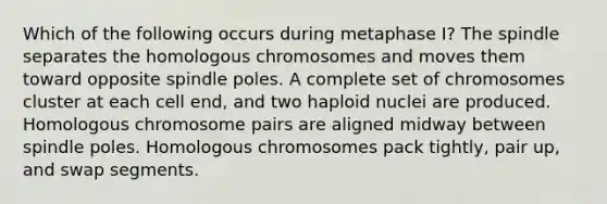 Which of the following occurs during metaphase I? The spindle separates the homologous chromosomes and moves them toward opposite spindle poles. A complete set of chromosomes cluster at each cell end, and two haploid nuclei are produced. Homologous chromosome pairs are aligned midway between spindle poles. Homologous chromosomes pack tightly, pair up, and swap segments.