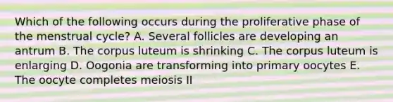 Which of the following occurs during the proliferative phase of the menstrual cycle? A. Several follicles are developing an antrum B. The corpus luteum is shrinking C. The corpus luteum is enlarging D. Oogonia are transforming into primary oocytes E. The oocyte completes meiosis II