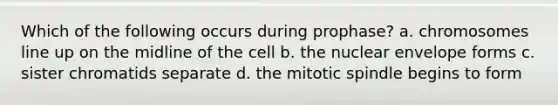 Which of the following occurs during prophase? a. chromosomes line up on the midline of the cell b. the nuclear envelope forms c. sister chromatids separate d. the mitotic spindle begins to form