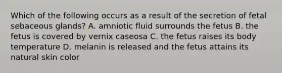 Which of the following occurs as a result of the secretion of fetal sebaceous glands? A. amniotic fluid surrounds the fetus B. the fetus is covered by vernix caseosa C. the fetus raises its body temperature D. melanin is released and the fetus attains its natural skin color