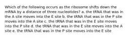 Which of the following occurs as the ribosome shifts down the mRNA by a distance of three nucleotides? a. the tRNA that was in the A site moves into the E site b. the tRNA that was in the P site moves into the A site c. the tRNA that was in the E site moves into the P site d. the tRNA that was in the E site moves into the A site e. the tRNA that was in the P site moves into the E site