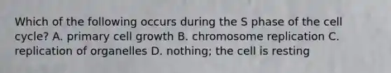 Which of the following occurs during the S phase of the cell cycle? A. primary cell growth B. chromosome replication C. replication of organelles D. nothing; the cell is resting