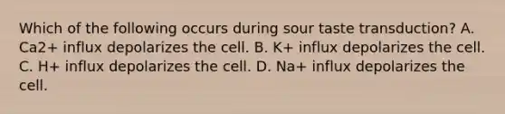 Which of the following occurs during sour taste transduction? A. Ca2+ influx depolarizes the cell. B. K+ influx depolarizes the cell. C. H+ influx depolarizes the cell. D. Na+ influx depolarizes the cell.