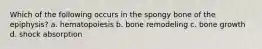 Which of the following occurs in the spongy bone of the epiphysis? a. hematopoiesis b. bone remodeling c. bone growth d. shock absorption