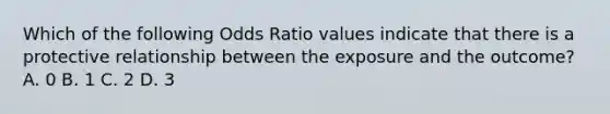 Which of the following Odds Ratio values indicate that there is a protective relationship between the exposure and the outcome? A. 0 B. 1 C. 2 D. 3