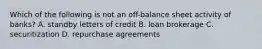 Which of the following is not an off-balance sheet activity of banks? A. standby letters of credit B. loan brokerage C. securitization D. repurchase agreements