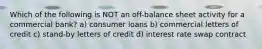 Which of the following is NOT an off-balance sheet activity for a commercial bank? a) consumer loans b) commercial letters of credit c) stand-by letters of credit d) interest rate swap contract