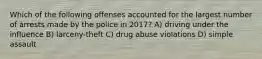 Which of the following offenses accounted for the largest number of arrests made by the police in 2017? A) driving under the influence B) larceny-theft C) drug abuse violations D) simple assault