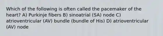 Which of the following is often called the pacemaker of the heart? A) Purkinje fibers B) sinoatrial (SA) node C) atrioventricular (AV) bundle (bundle of His) D) atrioventricular (AV) node