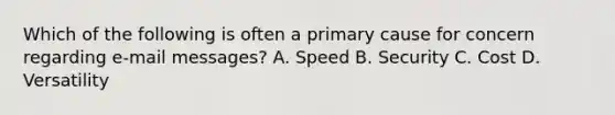 Which of the following is often a primary cause for concern regarding e-mail messages? A. Speed B. Security C. Cost D. Versatility