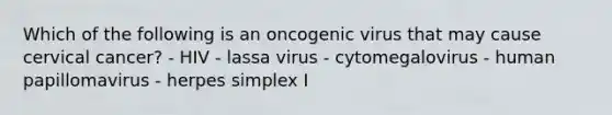 Which of the following is an oncogenic virus that may cause cervical cancer? - HIV - lassa virus - cytomegalovirus - human papillomavirus - herpes simplex I