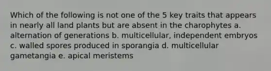 Which of the following is not one of the 5 key traits that appears in nearly all land plants but are absent in the charophytes a. alternation of generations b. multicellular, independent embryos c. walled spores produced in sporangia d. multicellular gametangia e. apical meristems