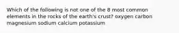 Which of the following is not one of the 8 most common elements in the rocks of the earth's crust? oxygen carbon magnesium sodium calcium potassium