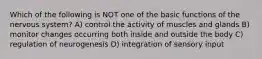 Which of the following is NOT one of the basic functions of the nervous system? A) control the activity of muscles and glands B) monitor changes occurring both inside and outside the body C) regulation of neurogenesis D) integration of sensory input