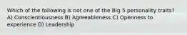 Which of the following is not one of the Big 5 personality traits? A) Conscientiousness B) Agreeableness C) Openness to experience D) Leadership