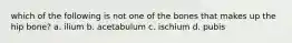 which of the following is not one of the bones that makes up the hip bone? a. ilium b. acetabulum c. ischium d. pubis