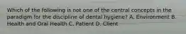 Which of the following is not one of the central concepts in the paradigm for the discipline of dental hygiene? A. Environment B. Health and Oral Health C. Patient D. Client