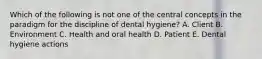 Which of the following is not one of the central concepts in the paradigm for the discipline of dental hygiene? A. Client B. Environment C. Health and oral health D. Patient E. Dental hygiene actions